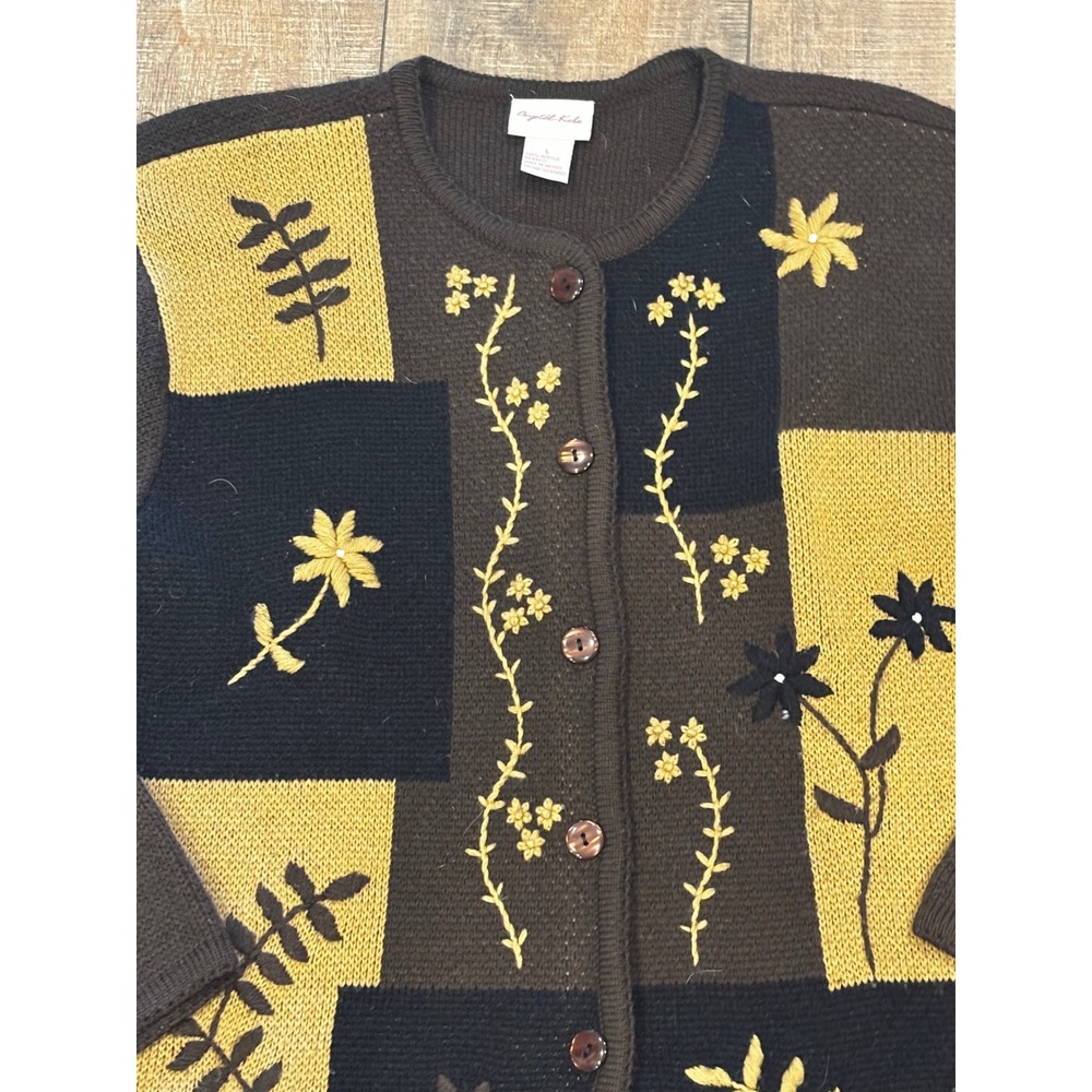 Crystal Kobe Women Brown Floral Patchwork Embroidered Button Cardigan Sweater L